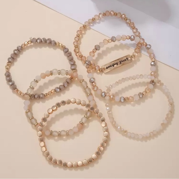 Amazing Grace Cross Gold and Cream Beaded Bracelet Set - Picture 2 of 4